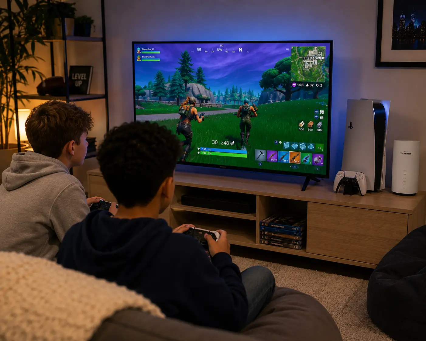 Children gaming online at home with TravHawk broadband, PlayStation 5 and TravHawk router