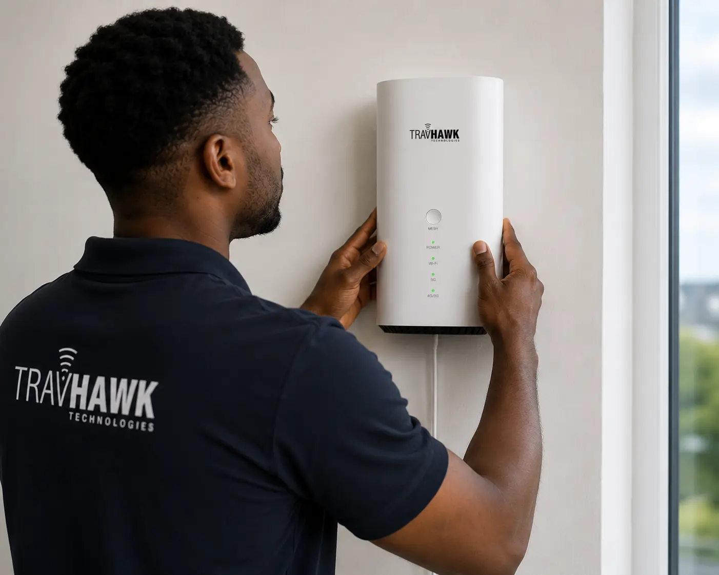 TravHawk engineer installing a 5G Pro hub on the wall inside a customer home