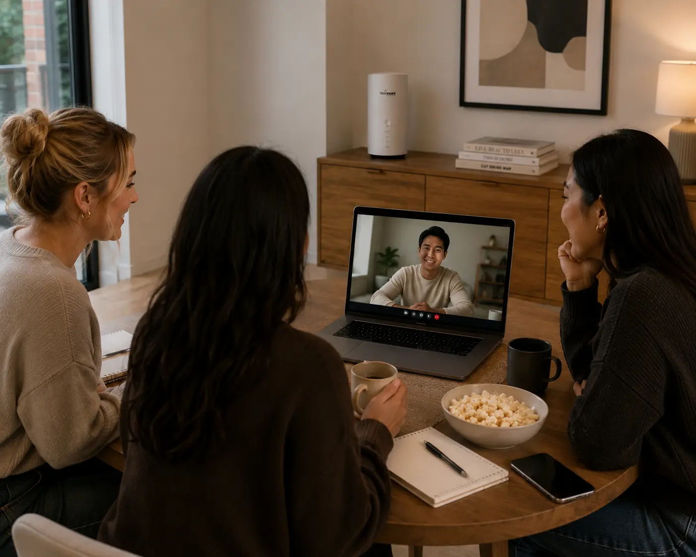 Friends on a video call at home powered by TravHawk 5G broadband