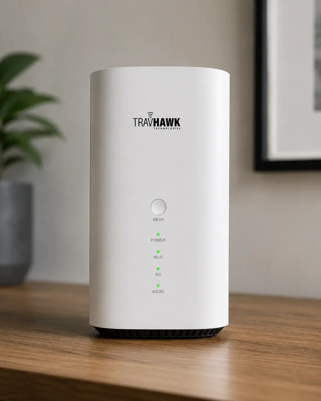 TravHawk Technologies 5G home broadband router with Power, Wi-Fi and 5G status lights