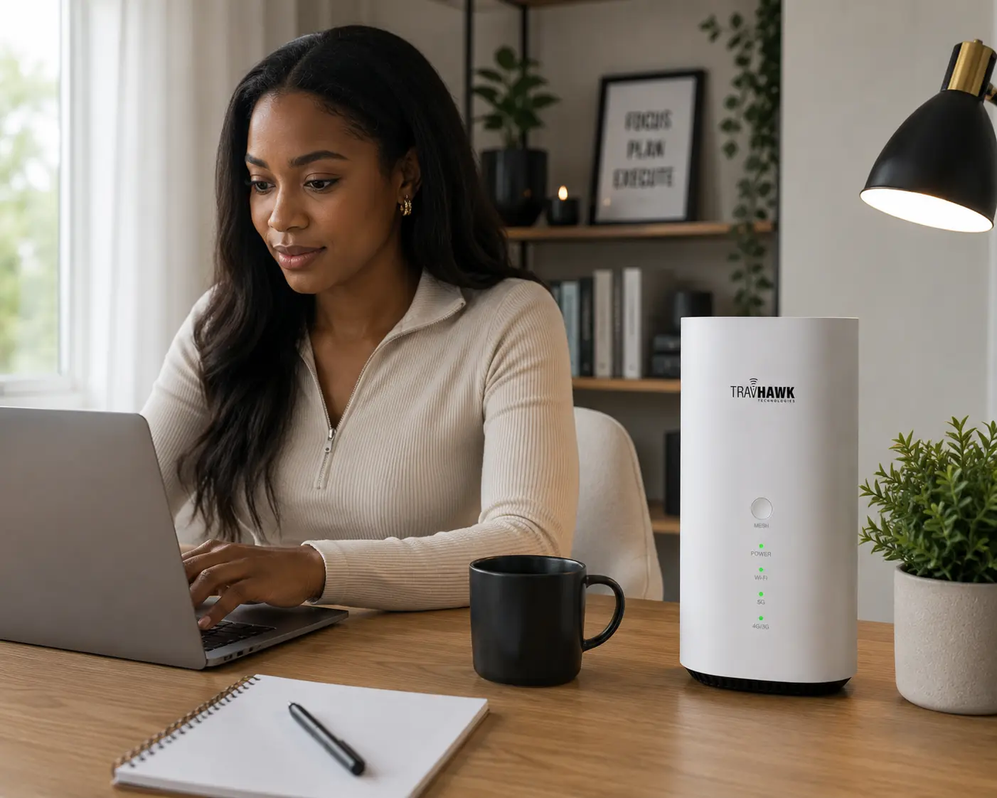 Professional working from home with TravHawk 5G router on the desk