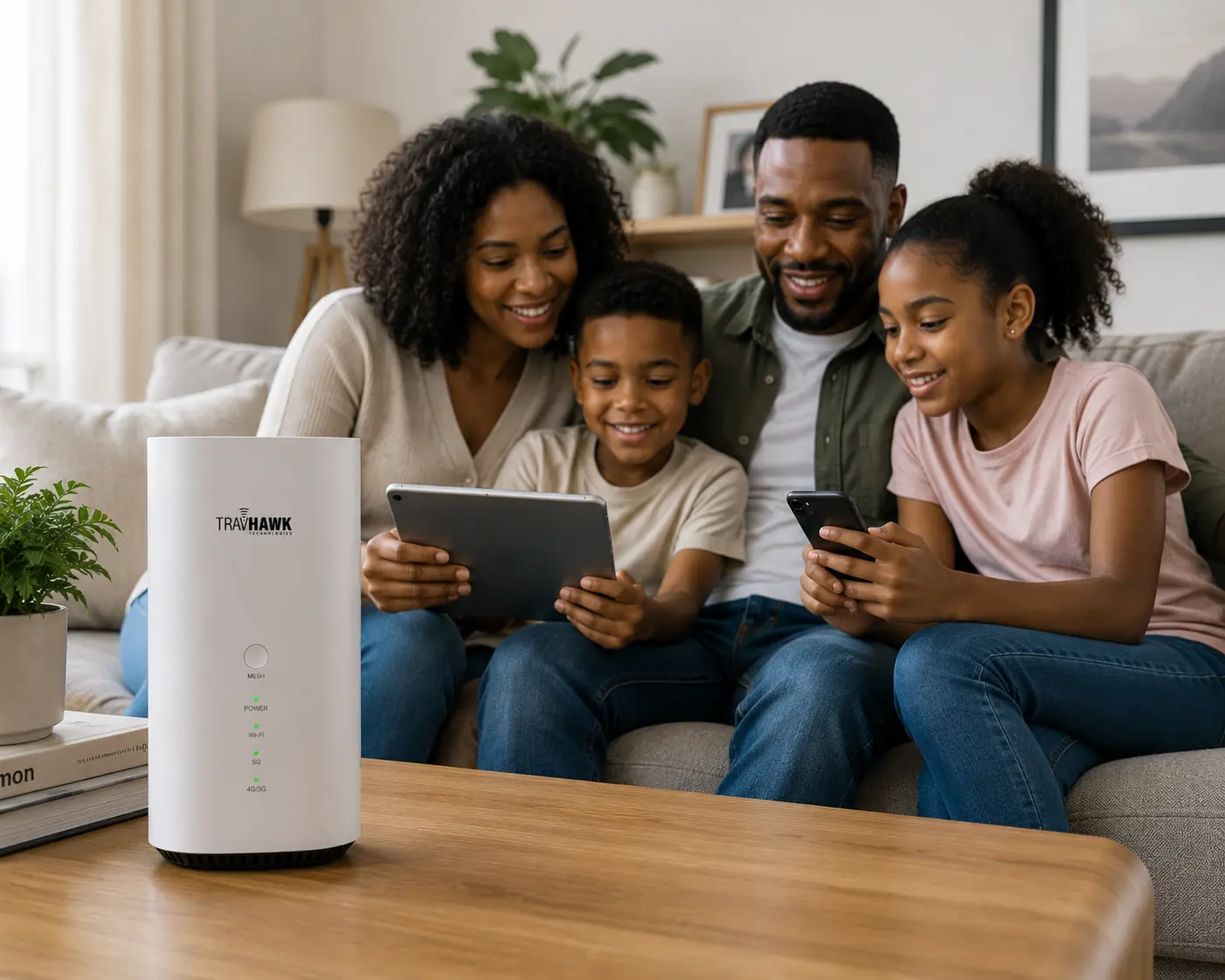 Family using TravHawk 5G home broadband with the TravHawk router on the coffee table