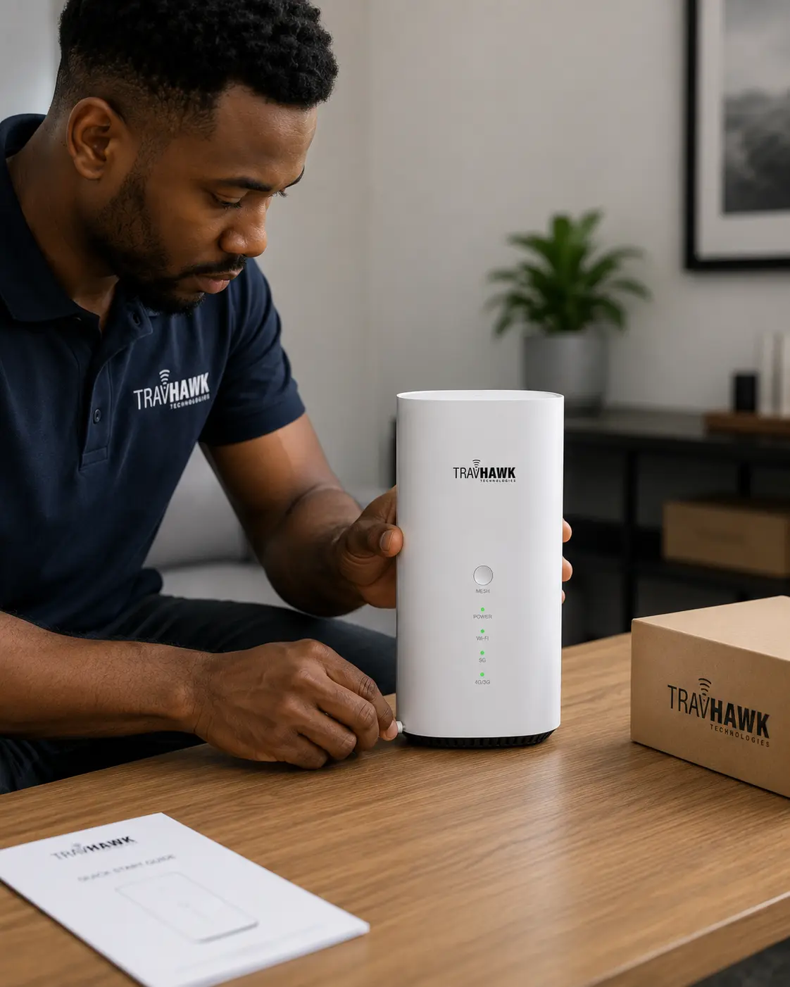 TravHawk customer setting up plug-and-play 5G MiFi router with quick start guide