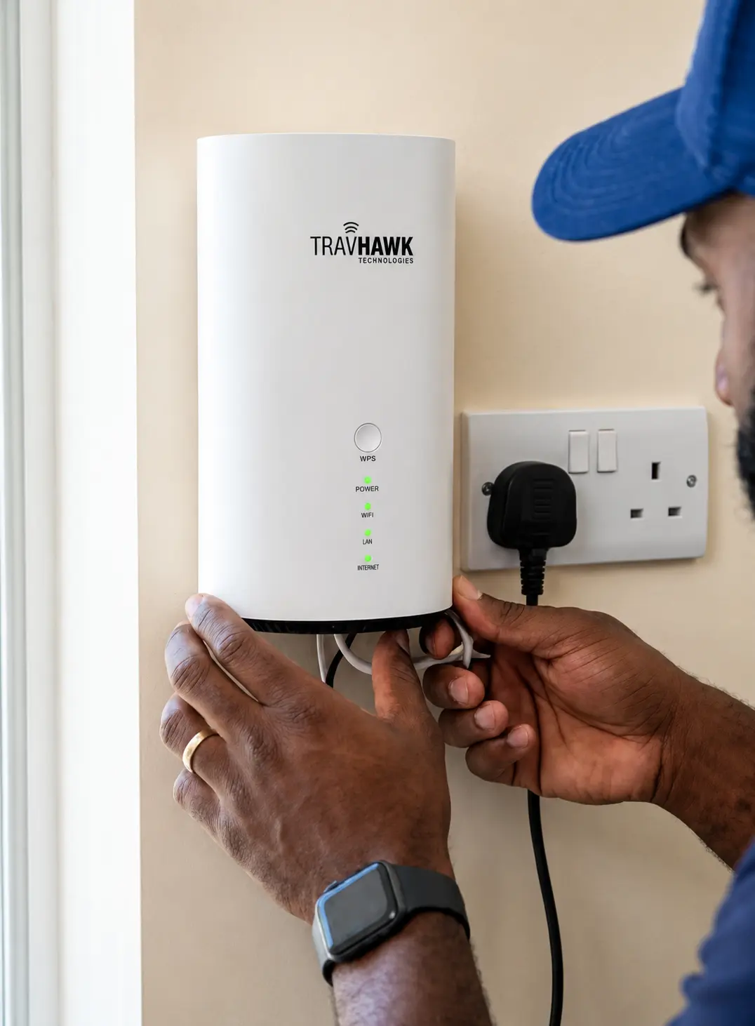 TravHawk technician connecting TravHawk router at the wall with power and data cables